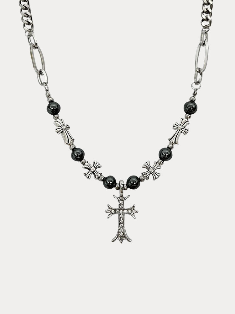 Fashion Retro Gothic Cross Bead Necklace - Silver