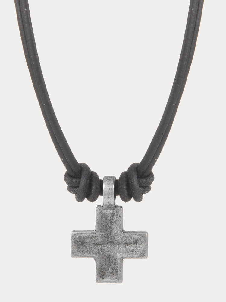 Vintage Cross Pendant Leather Necklace - Black