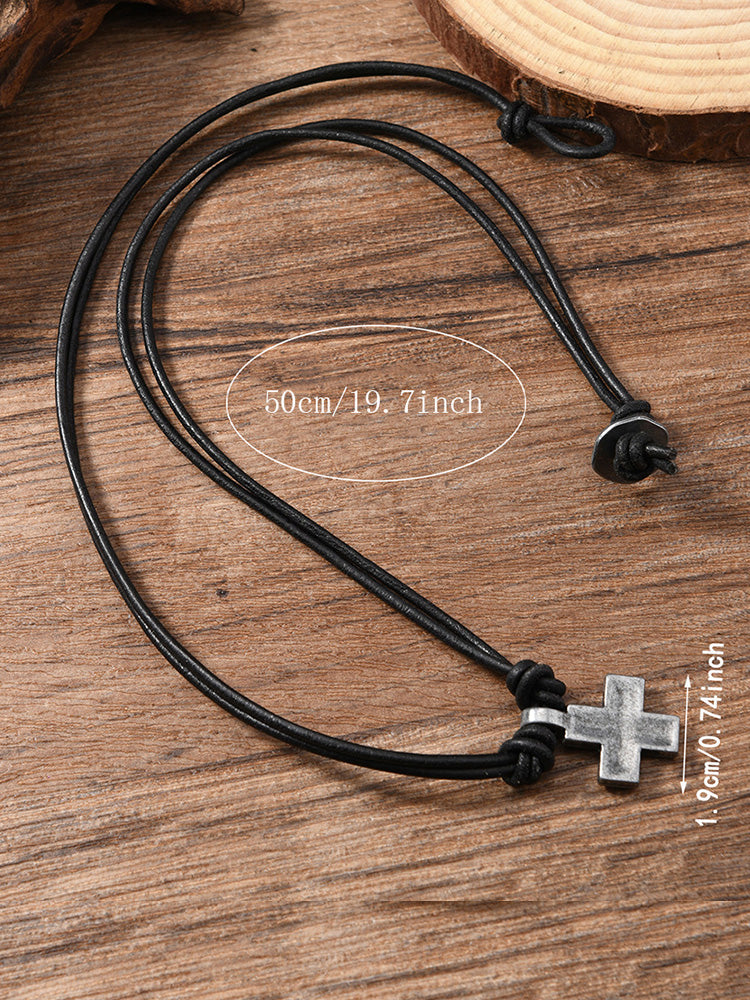 Vintage Cross Pendant Leather Necklace - Black