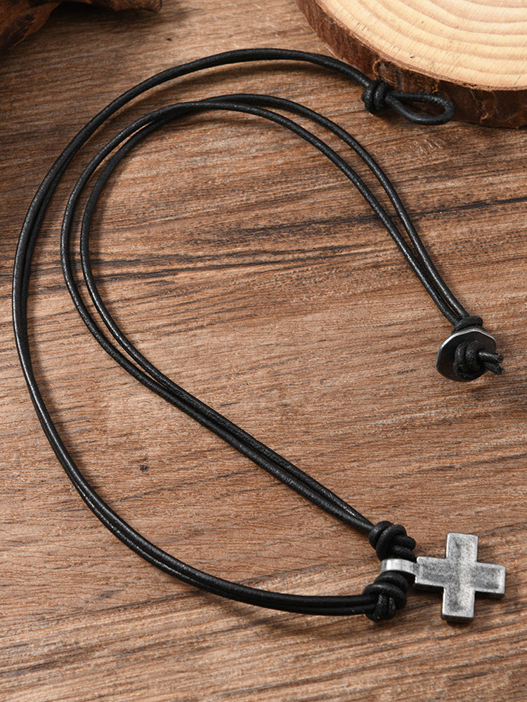 Vintage Cross Pendant Leather Necklace - Black