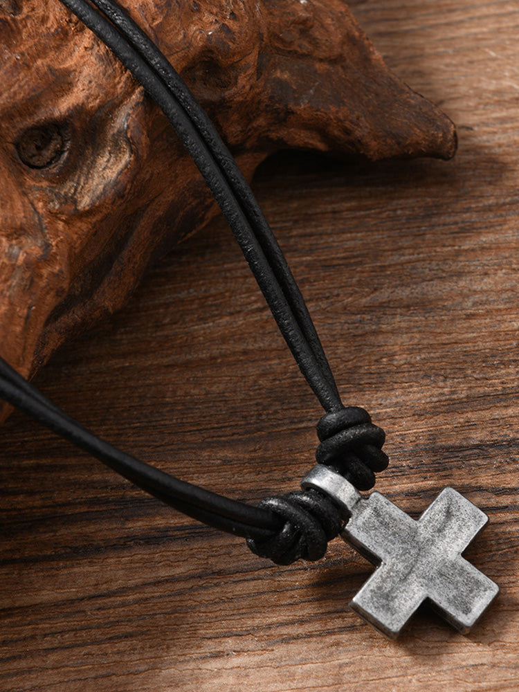 Vintage Cross Pendant Leather Necklace - Black