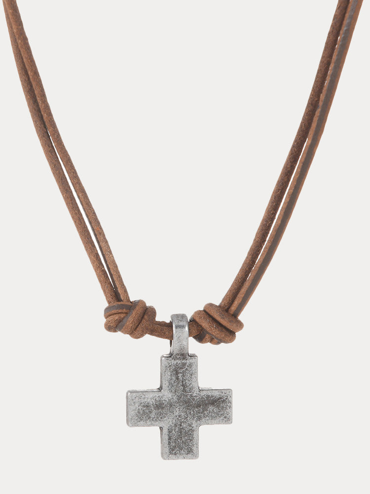 Vintage Cross Pendant Leather Necklace - Brown