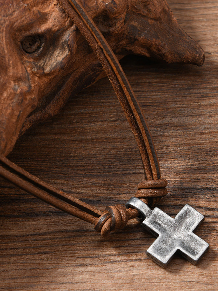 Vintage Cross Pendant Leather Necklace - Brown