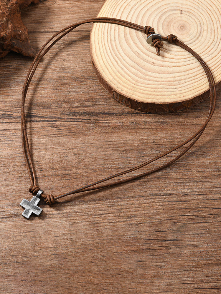 Vintage Cross Pendant Leather Necklace - Brown