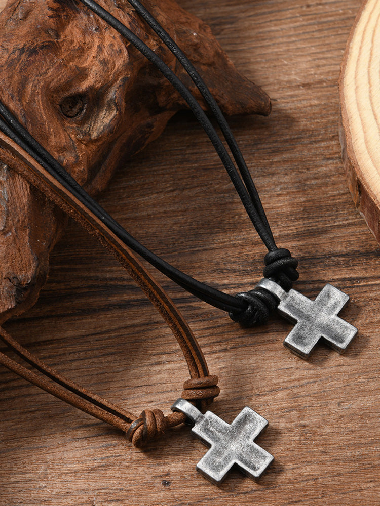 Vintage Cross Pendant Leather Necklace - Brown