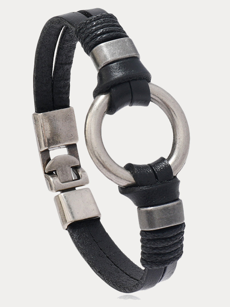 Retro Metal Buckle Leather Bracelet - Black