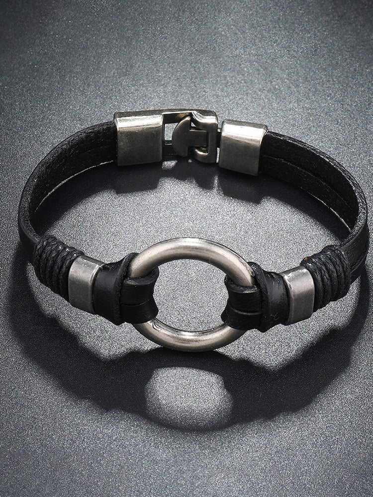 Retro Metal Buckle Leather Bracelet - Black