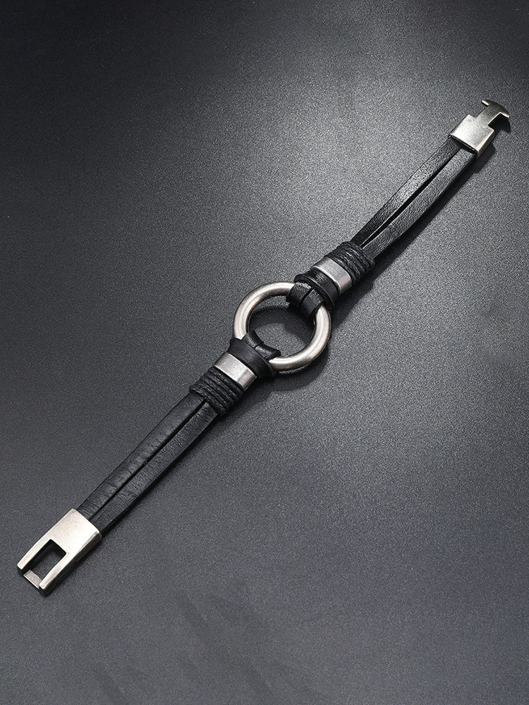 Retro Metal Buckle Leather Bracelet - Black
