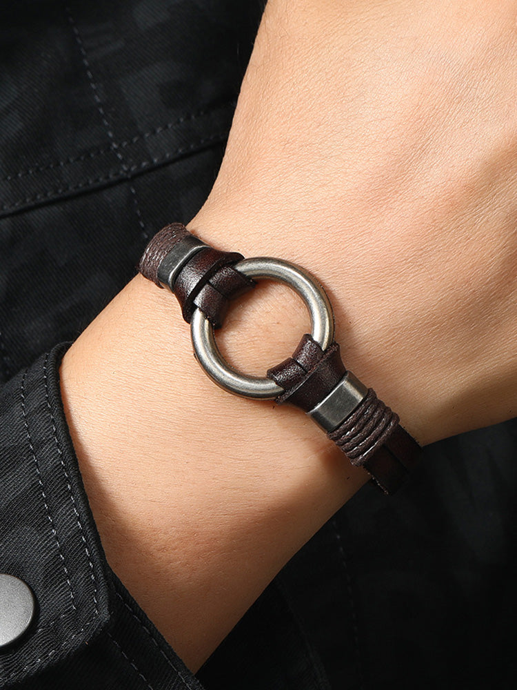 Retro Metal Buckle Leather Bracelet - Black
