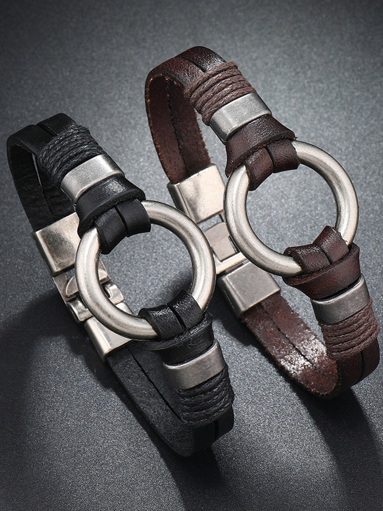 Retro Metal Buckle Leather Bracelet - Brown