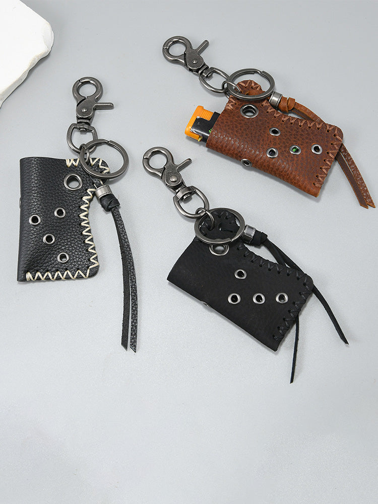 Retro Design Lighter Leather Case Keychain - Brown