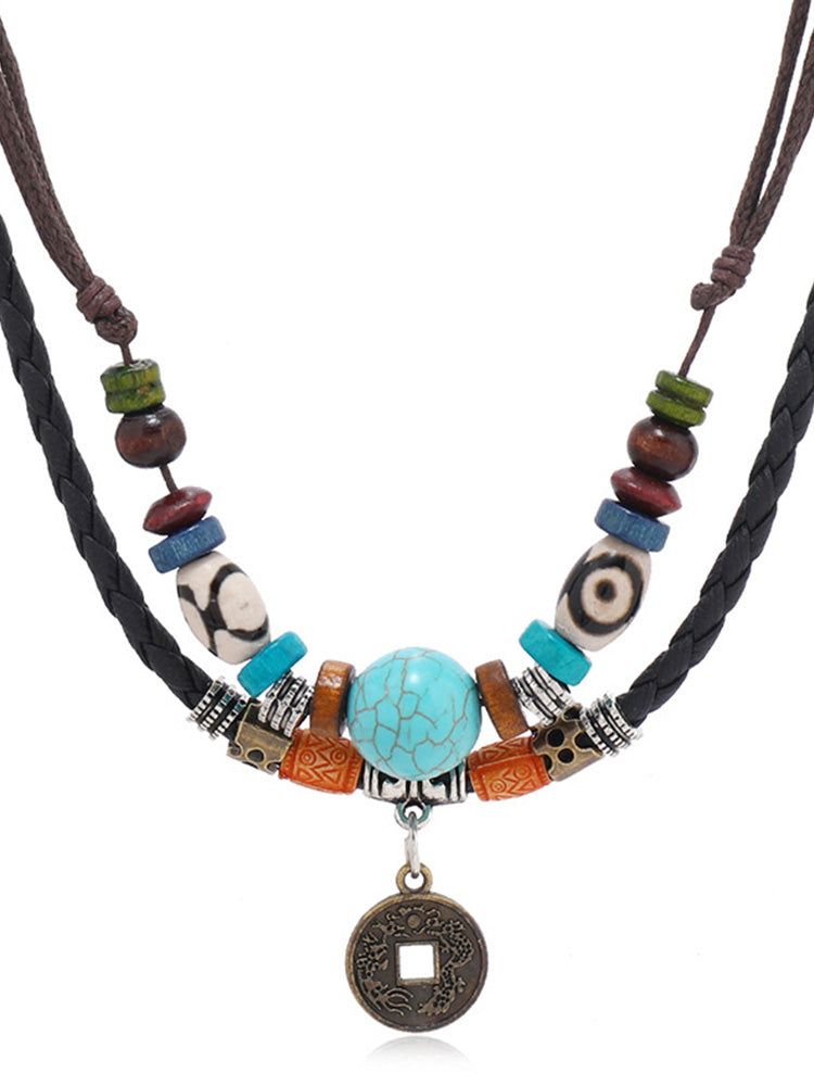 Boho Layered Turquoise Beaded Pendant Necklace - PAT1