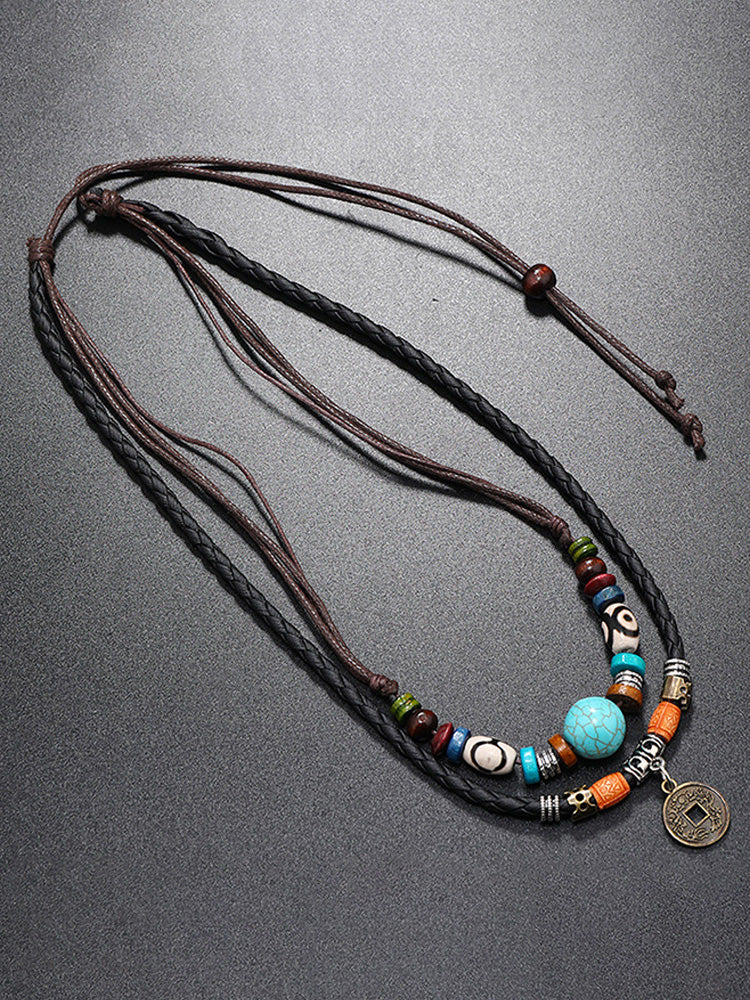 Boho Layered Turquoise Beaded Pendant Necklace - PAT1