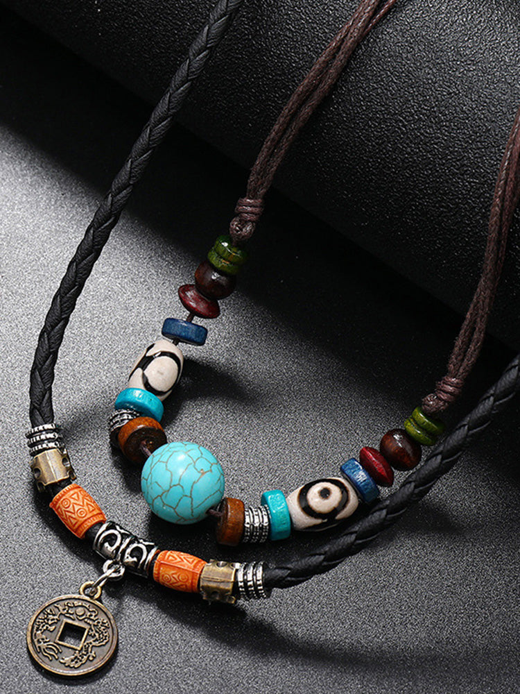 Boho Layered Turquoise Beaded Pendant Necklace - PAT1