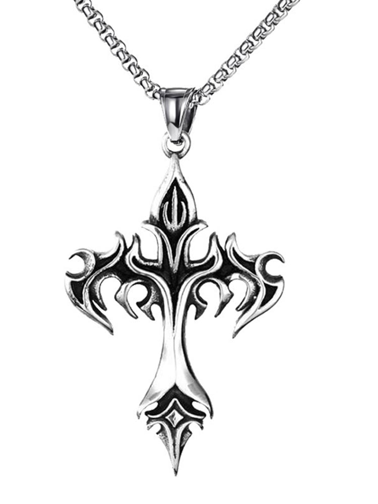Vintage Gothic Cross Pendant Necklace - Silver