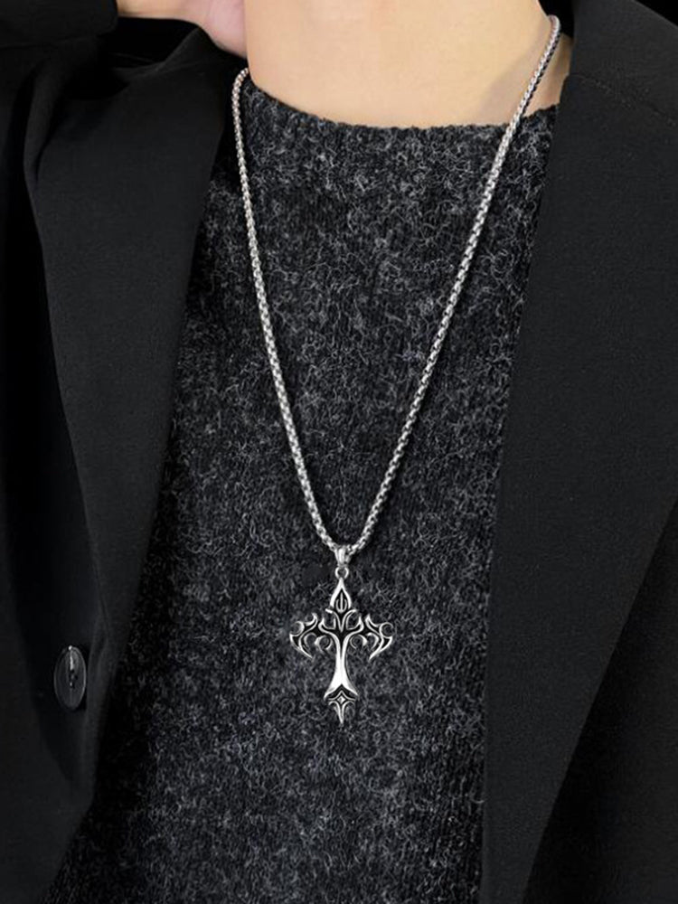 Vintage Gothic Cross Pendant Necklace - Silver