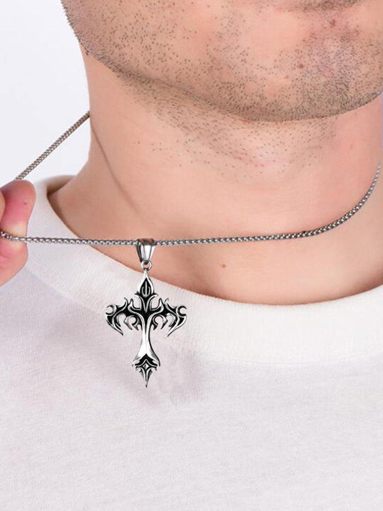Vintage Gothic Cross Pendant Necklace - Silver