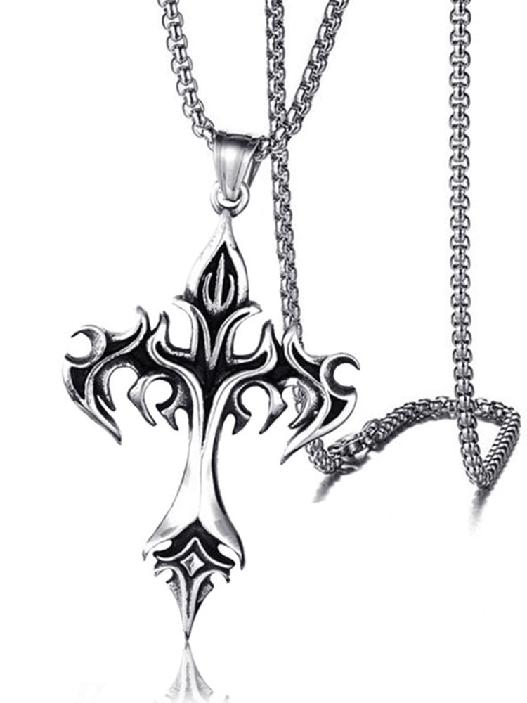 Vintage Gothic Cross Pendant Necklace - Silver