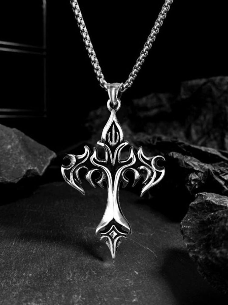 Vintage Gothic Cross Pendant Necklace - Silver