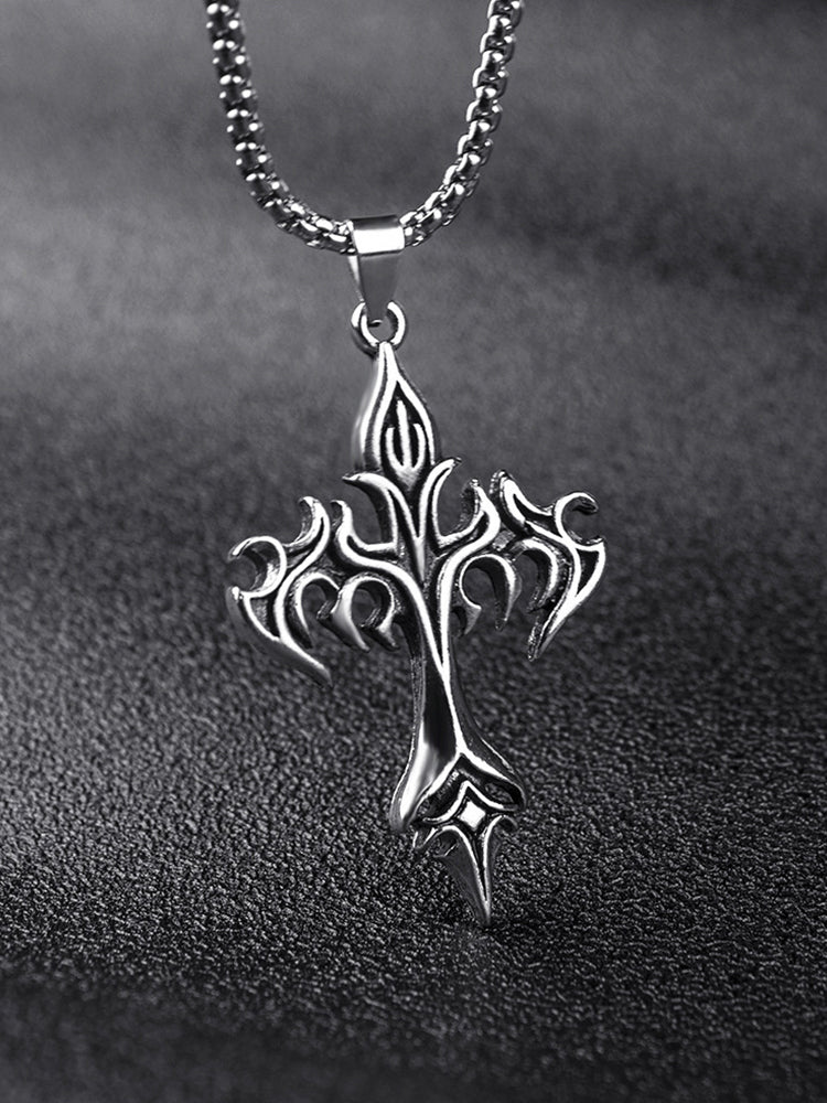 Vintage Gothic Cross Pendant Necklace - Silver