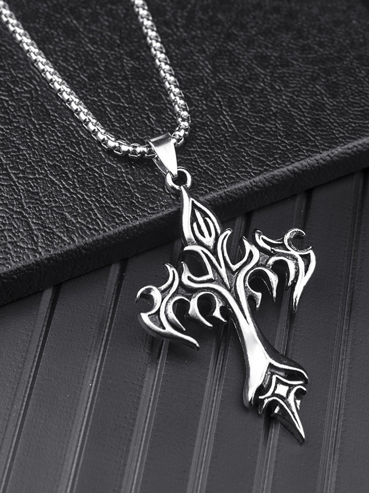 Vintage Gothic Cross Pendant Necklace - Silver