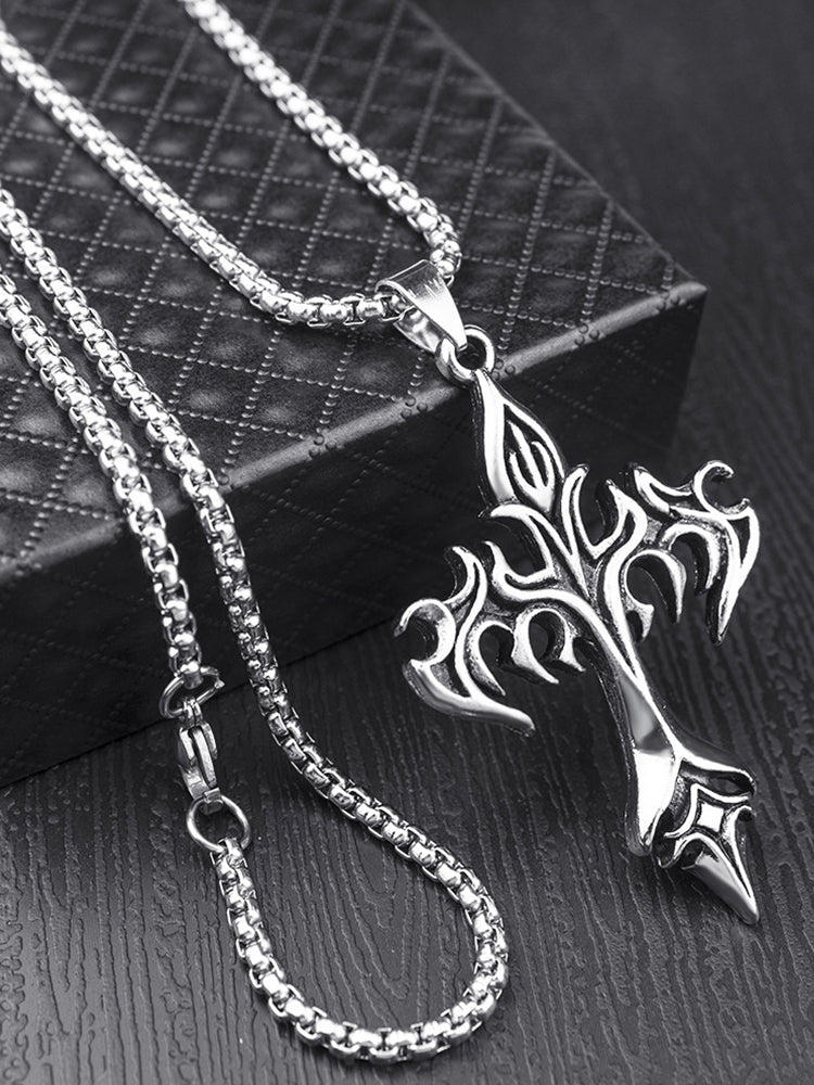 Vintage Gothic Cross Pendant Necklace - Silver