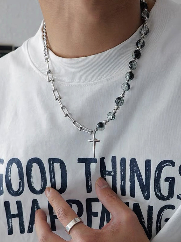 Gothic Punk Star Bead Pendant Necklace - Silver