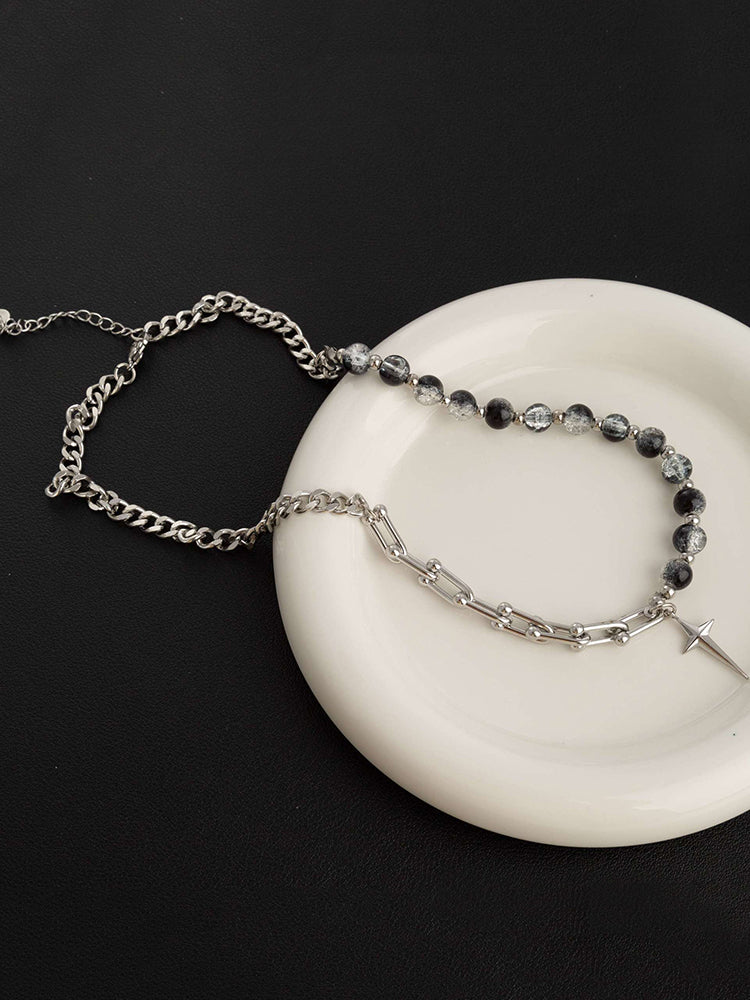 Gothic Punk Star Bead Pendant Necklace - Silver