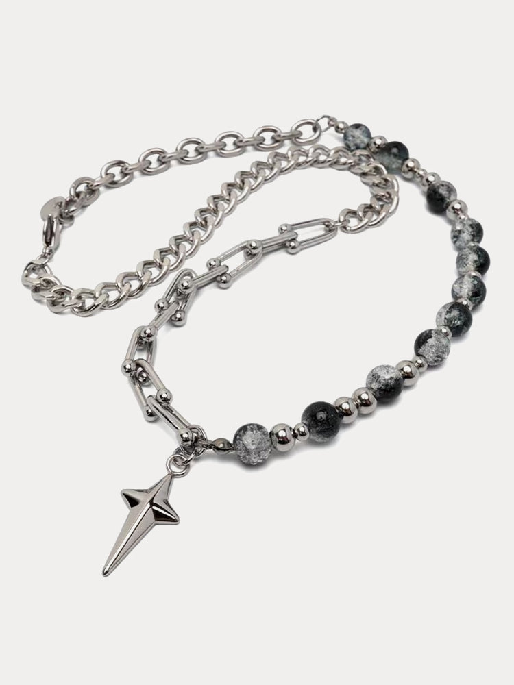 Gothic Punk Star Bead Pendant Necklace - Silver