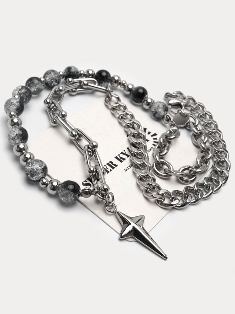 Gothic Punk Star Bead Pendant Necklace - Silver