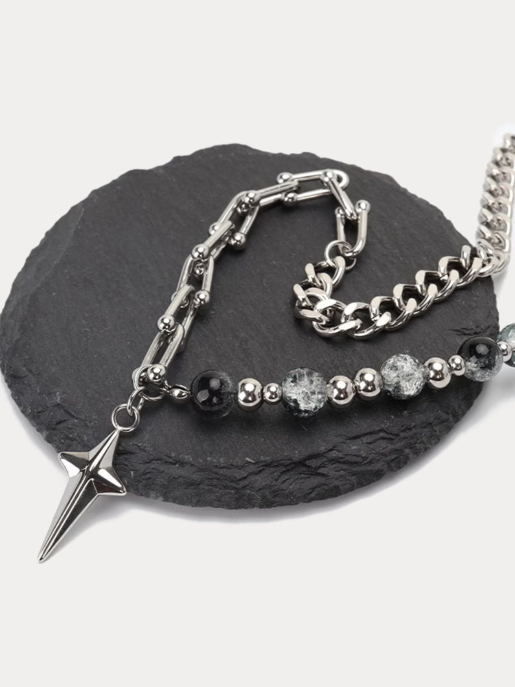 Gothic Punk Star Bead Pendant Necklace - Silver