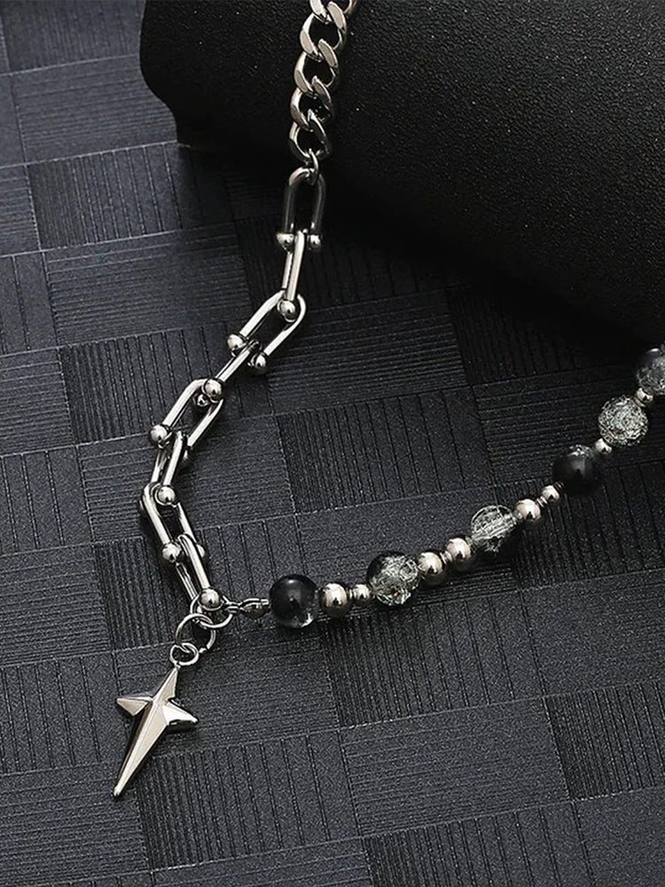 Gothic Punk Star Bead Pendant Necklace - Silver