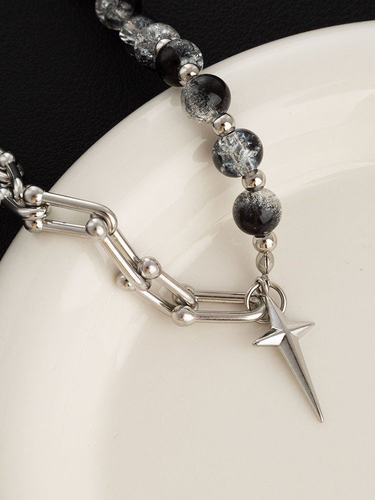 Gothic Punk Star Bead Pendant Necklace - Silver
