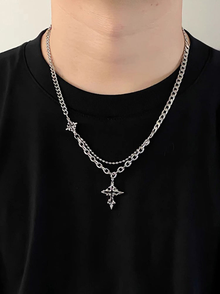 Gothic Mixed Chain Cross Necklace - Silver