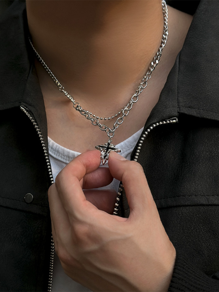 Gothic Mixed Chain Cross Necklace - Silver