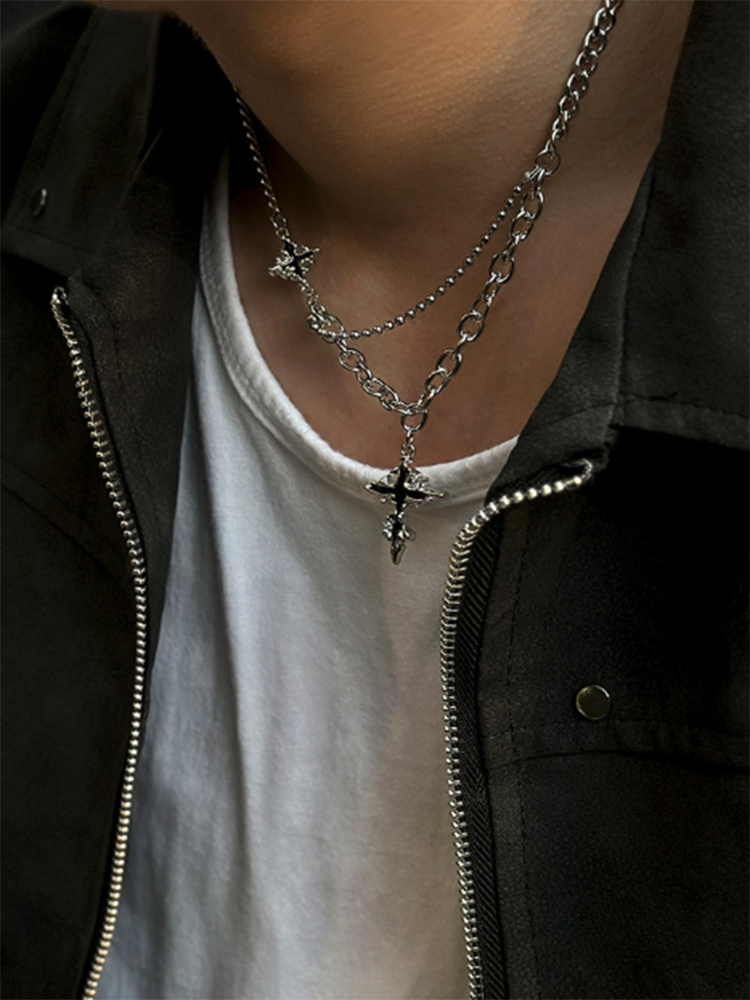 Gothic Mixed Chain Cross Necklace - Silver