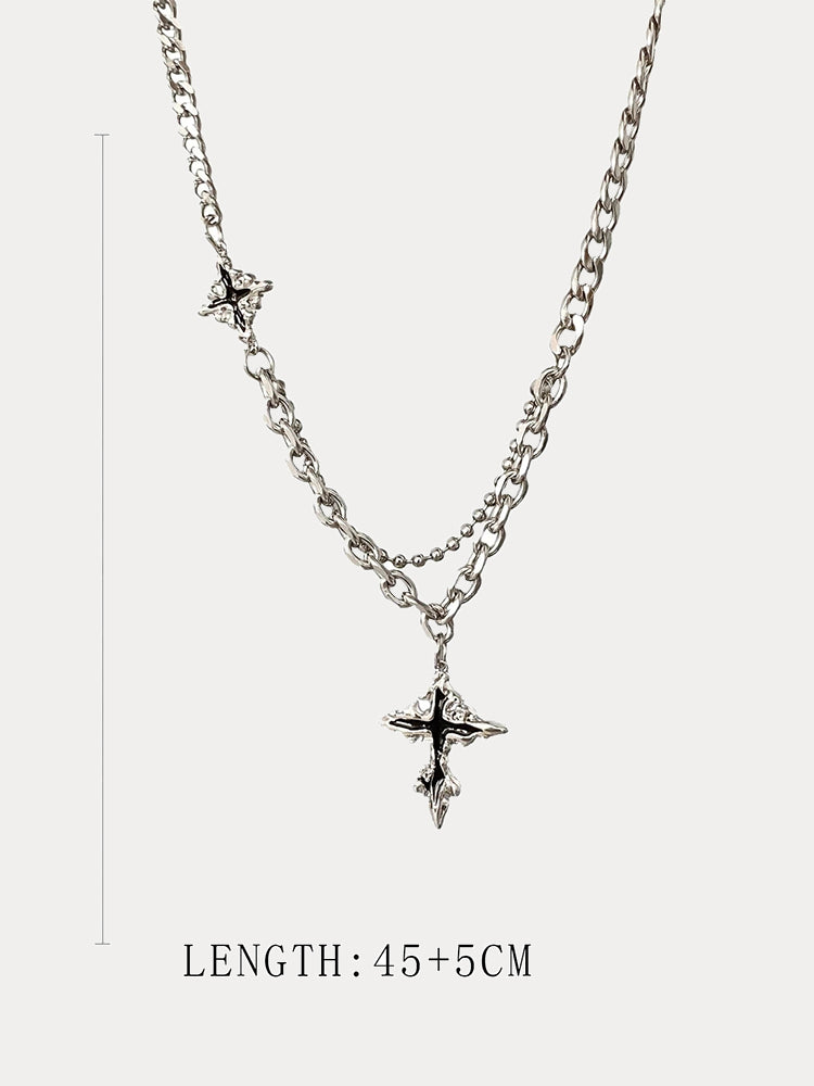 Gothic Mixed Chain Cross Necklace - Silver