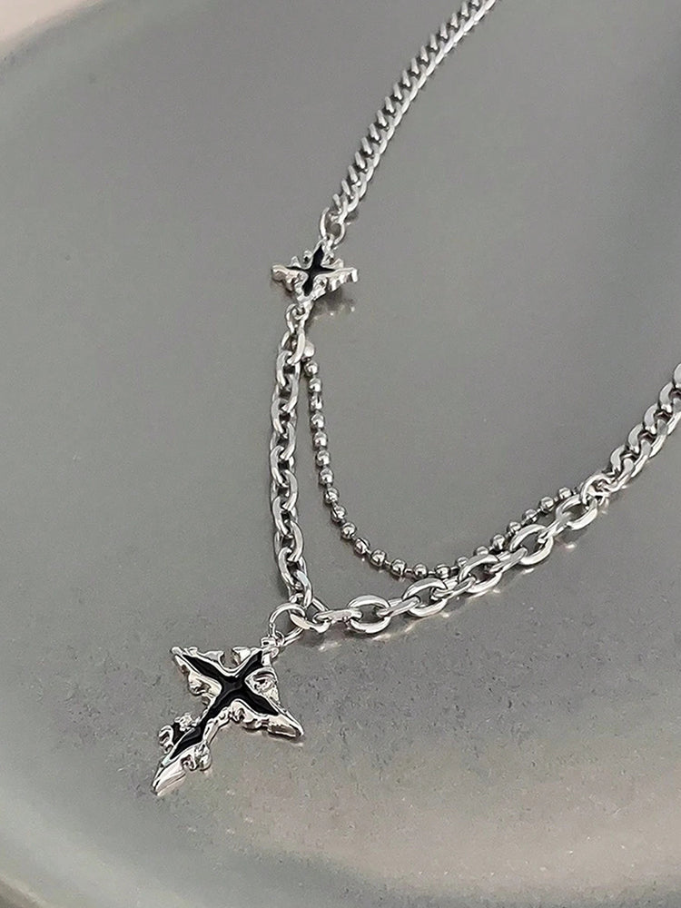 Gothic Mixed Chain Cross Necklace - Silver