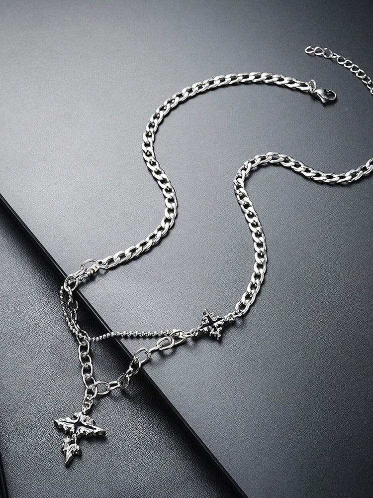 Gothic Mixed Chain Cross Necklace - Silver