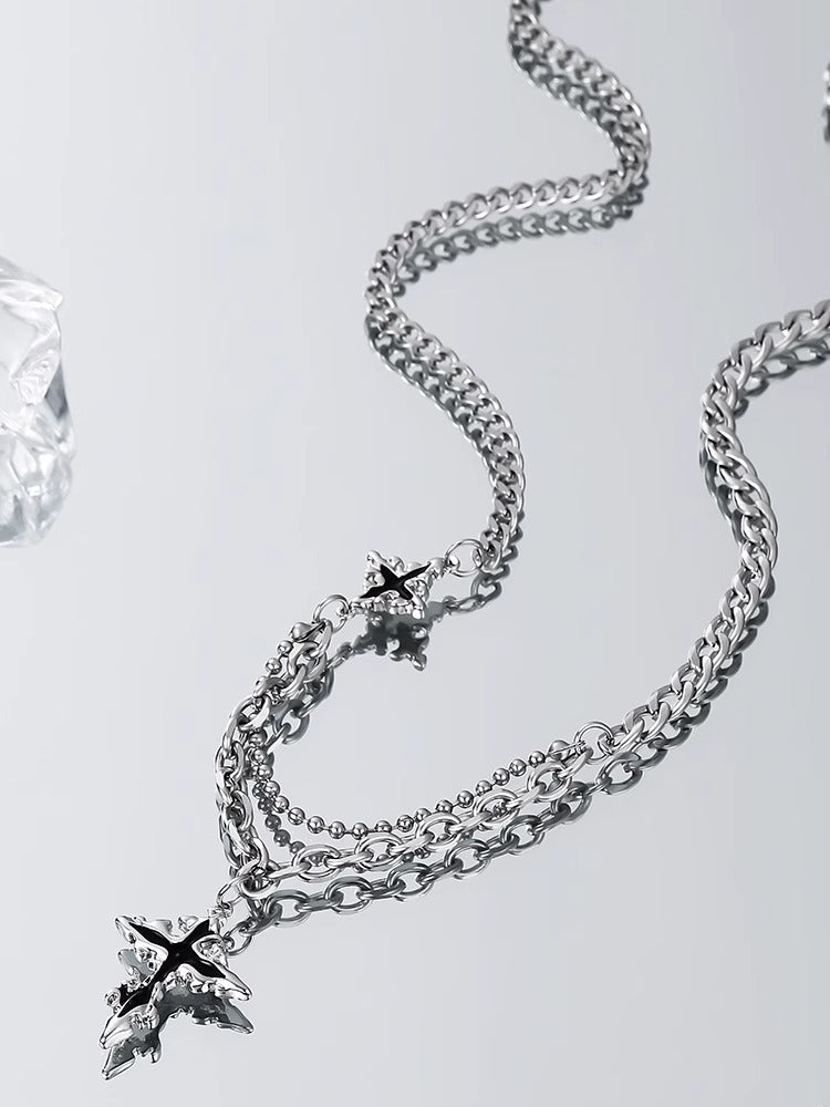 Gothic Mixed Chain Cross Necklace - Silver