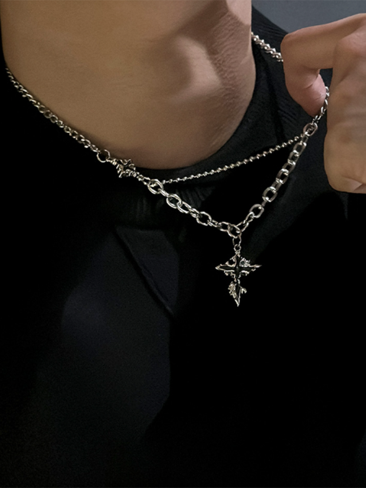 Gothic Mixed Chain Cross Necklace - Silver