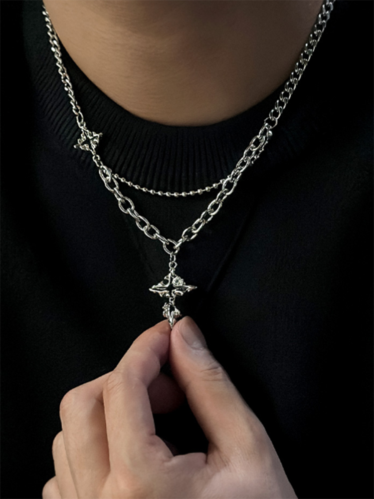 Gothic Mixed Chain Cross Necklace - Silver