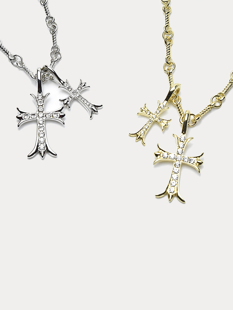 Stylish Double Cross Pendant Necklace - Gold