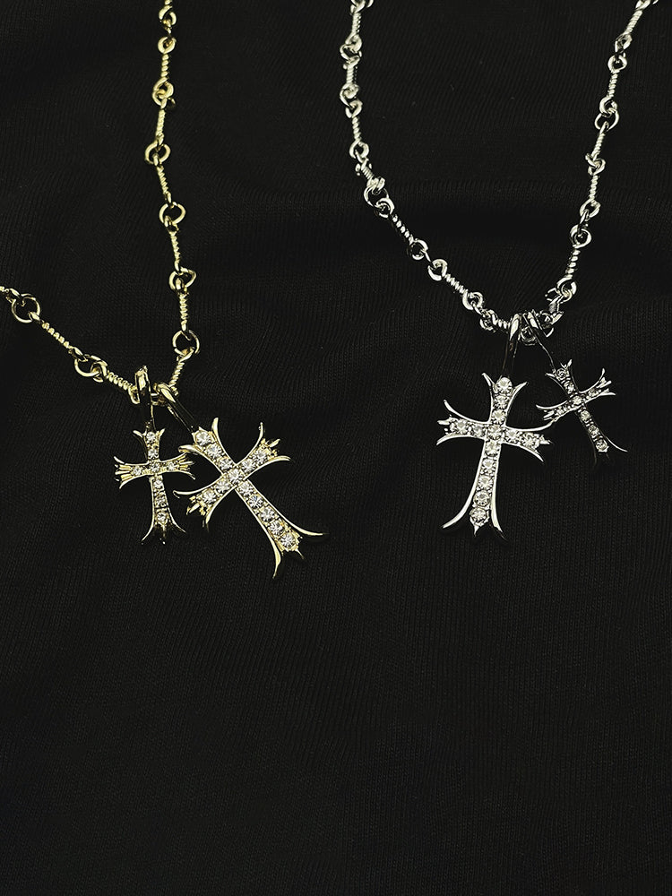 Stylish Double Cross Pendant Necklace - Gold