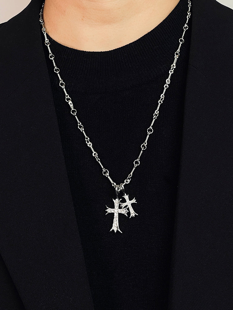 Stylish Double Cross Pendant Necklace - Silver