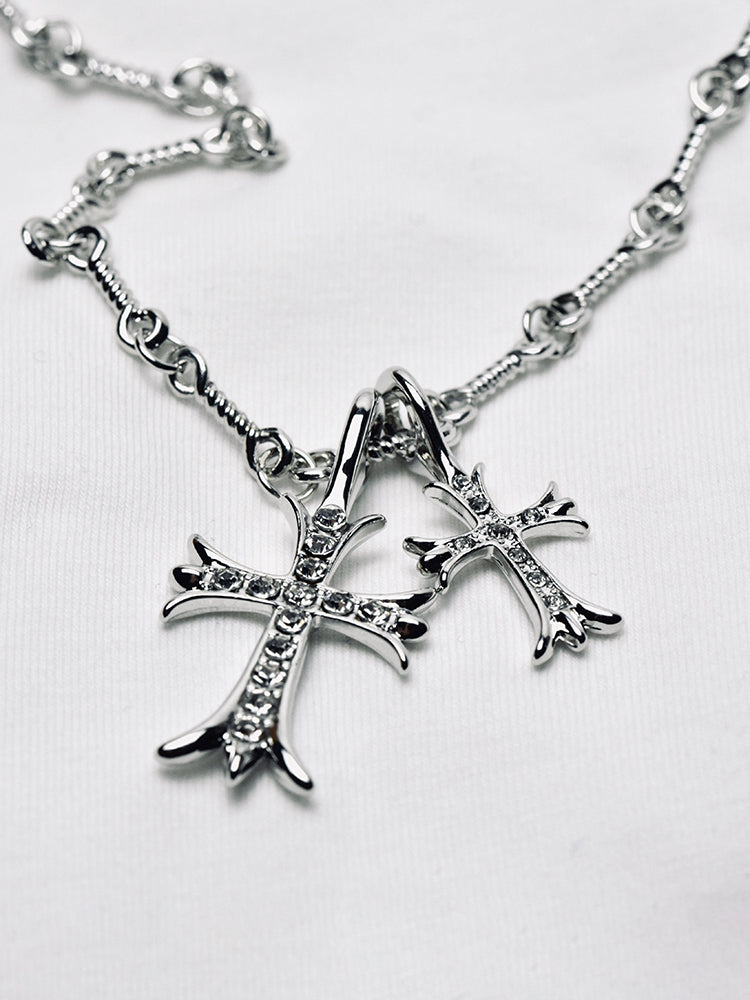 Stylish Double Cross Pendant Necklace - Silver