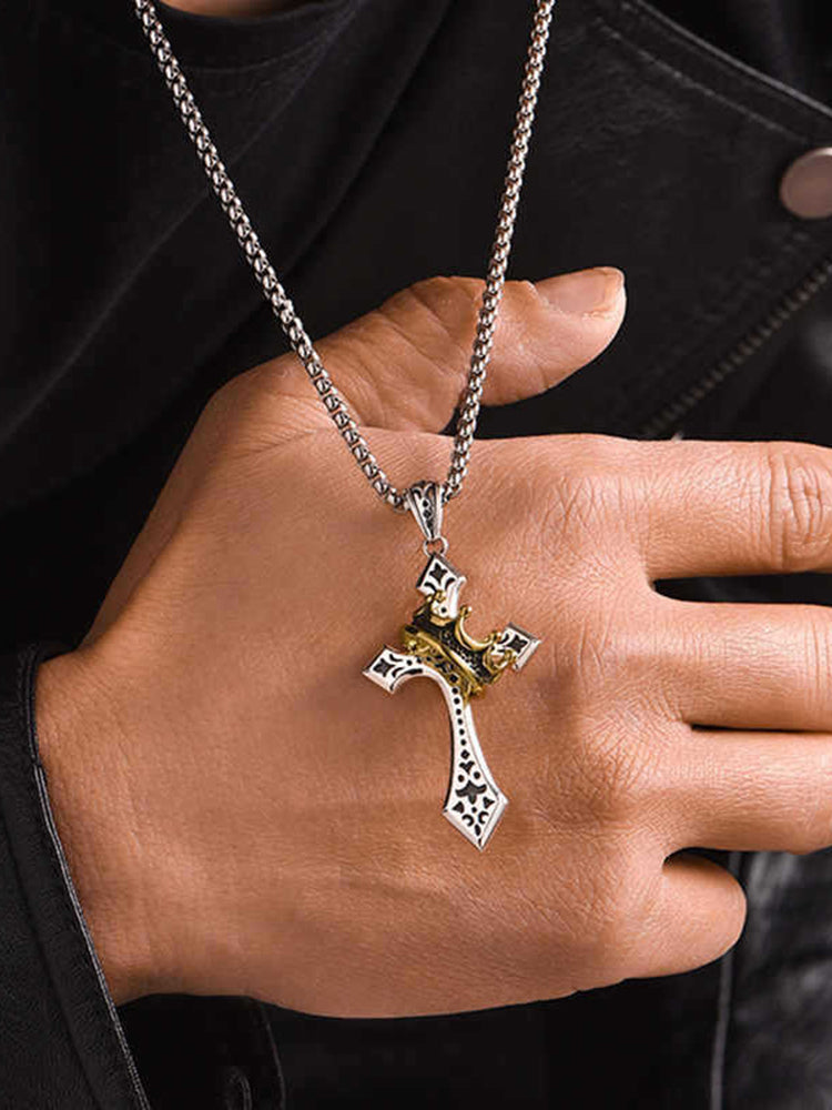 Fashion Gold Crown Cross Necklace - Silver