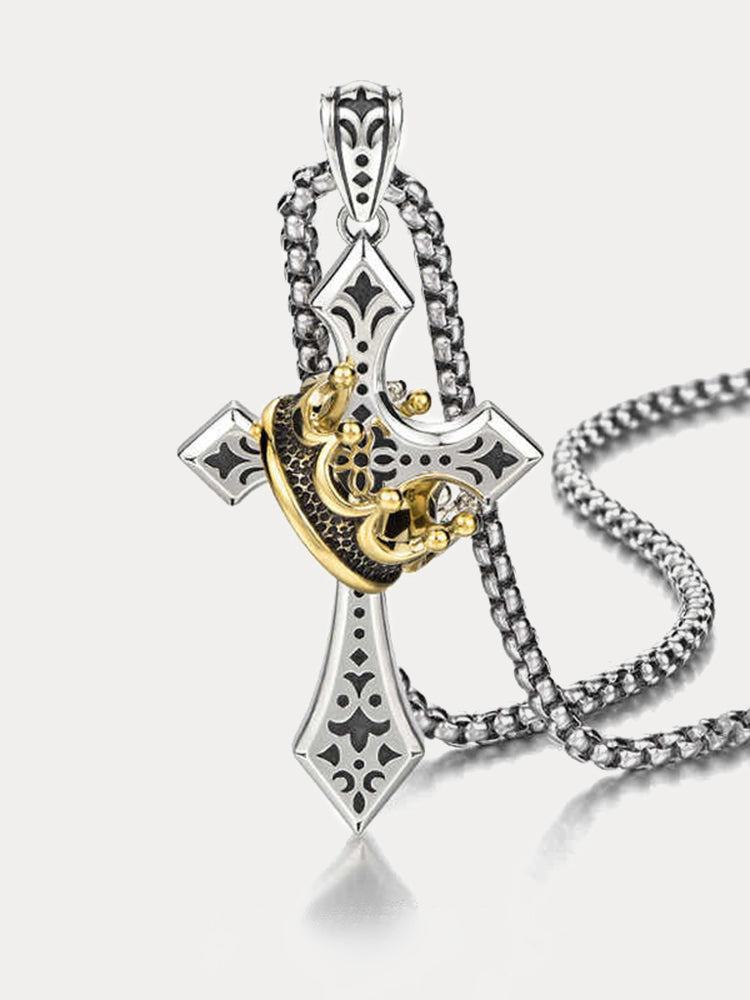 Fashion Gold Crown Cross Necklace - Silver