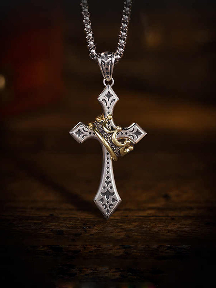 Fashion Gold Crown Cross Necklace - Silver