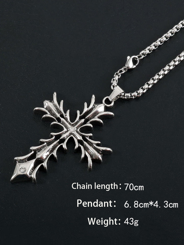 Retro Gothic Thorn Cross Necklace - Silver